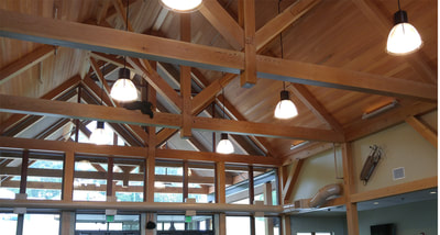 Post and beam trusses in the main lodge